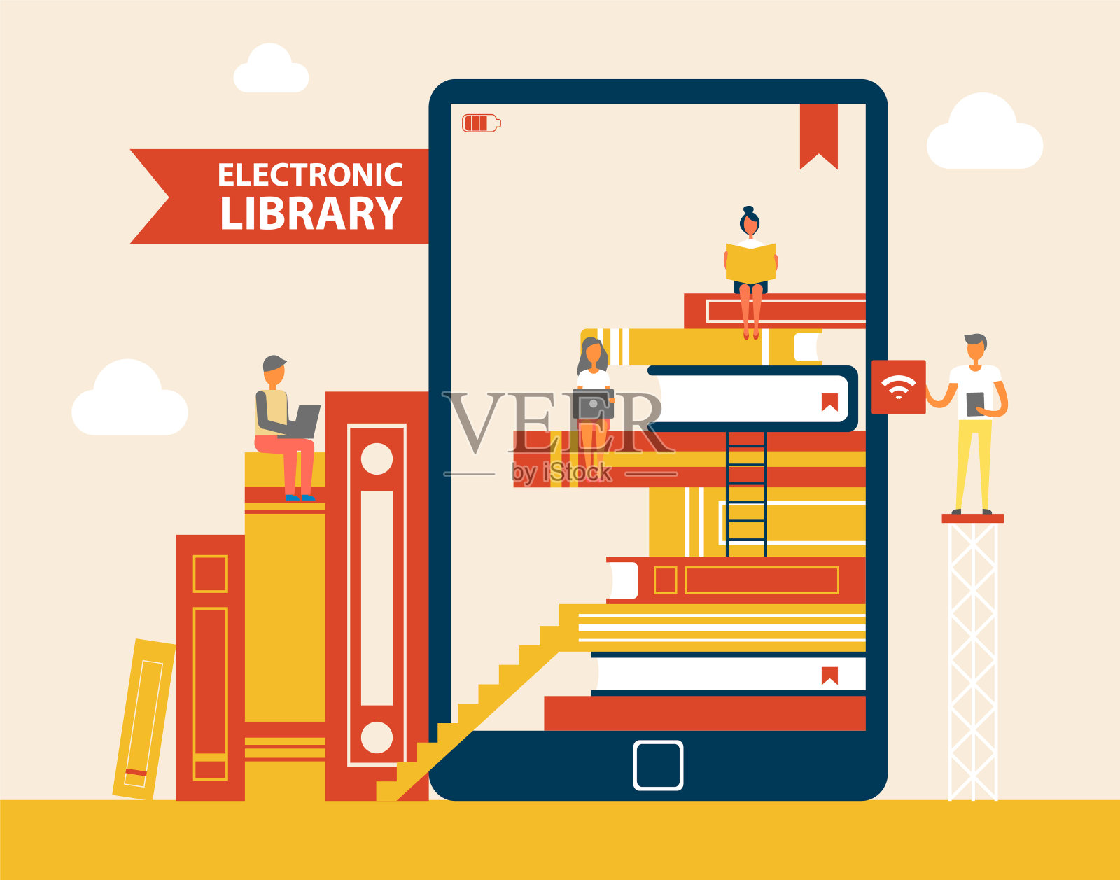 电子图书馆书籍设置矢量插图插画图片素材
