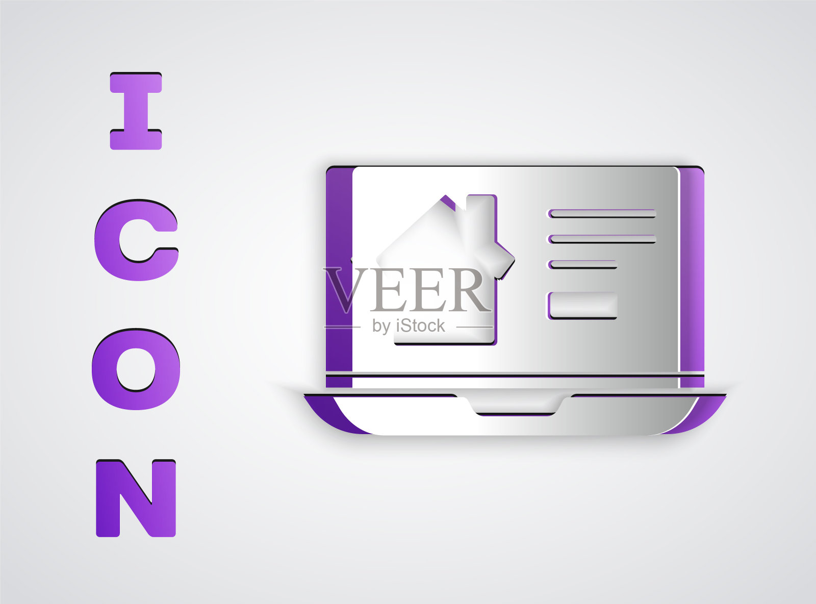 剪纸在笔记本电脑上的在线房地产房子图标孤立在灰色背景。房屋贷款概念,租房,买房,买房。纸艺术风格。矢量图图标素材