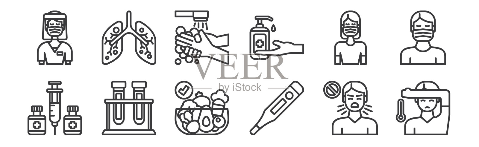 12组线性病毒传播图标。如发烧,温度计,实验室,口罩,洗手,传染性疾病的网页,移动。图标素材