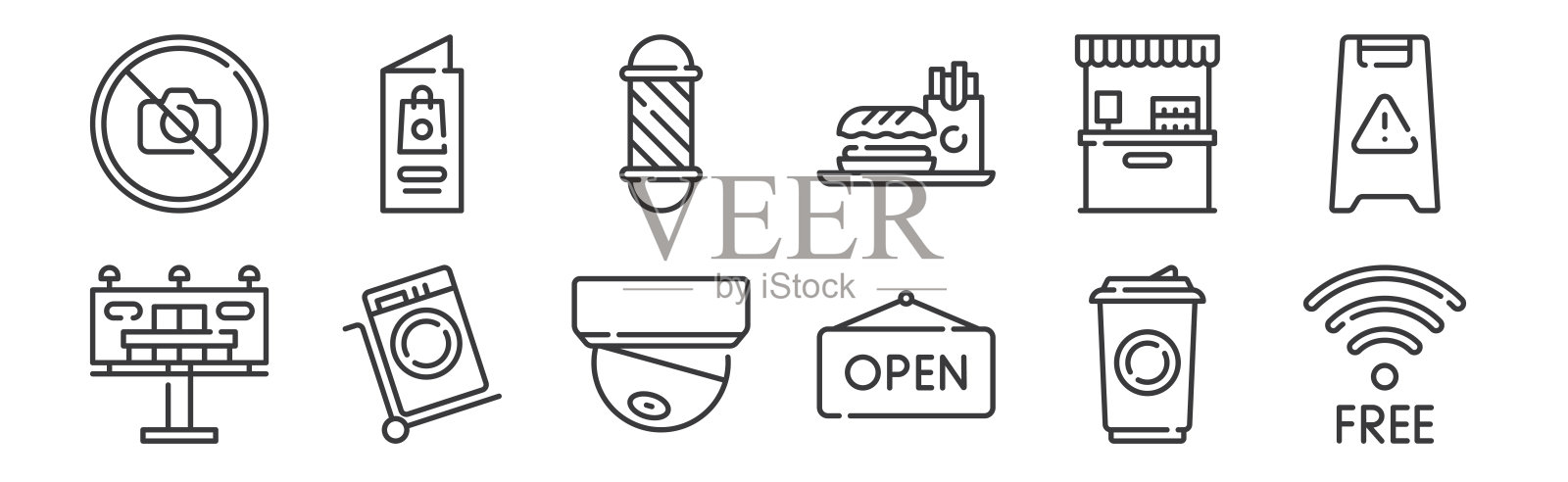 12套线性购物中心图标。薄轮廓图标,如wifi,开放,手推车,柜台,理发店,网页小册子,移动。图标素材