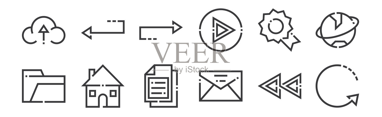 12套线性网页要点图标。纤细的轮廓图标,如刷新,电子邮件,主页,徽章,下一步,留下的网页,移动。图标素材