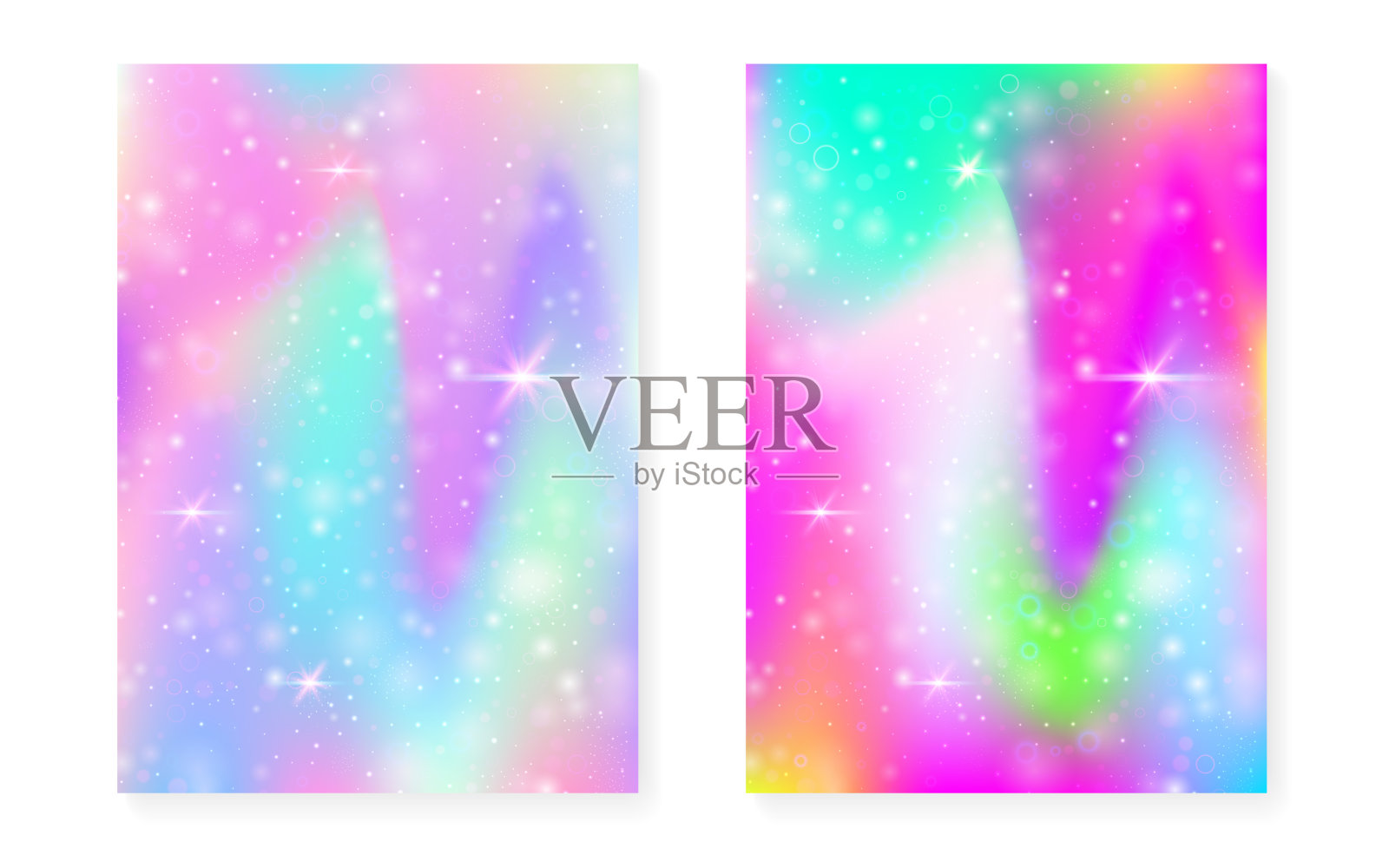 公主背景与卡哇伊彩虹梯度。神奇的独角兽全息图。插画图片素材