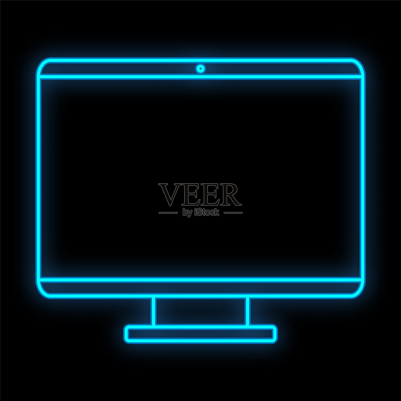 明亮的蓝色数字霓虹标识用于商店或车间的服务中心,美丽而闪亮,与现代平板液晶电脑显示器在黑色背景。矢量图插画图片素材