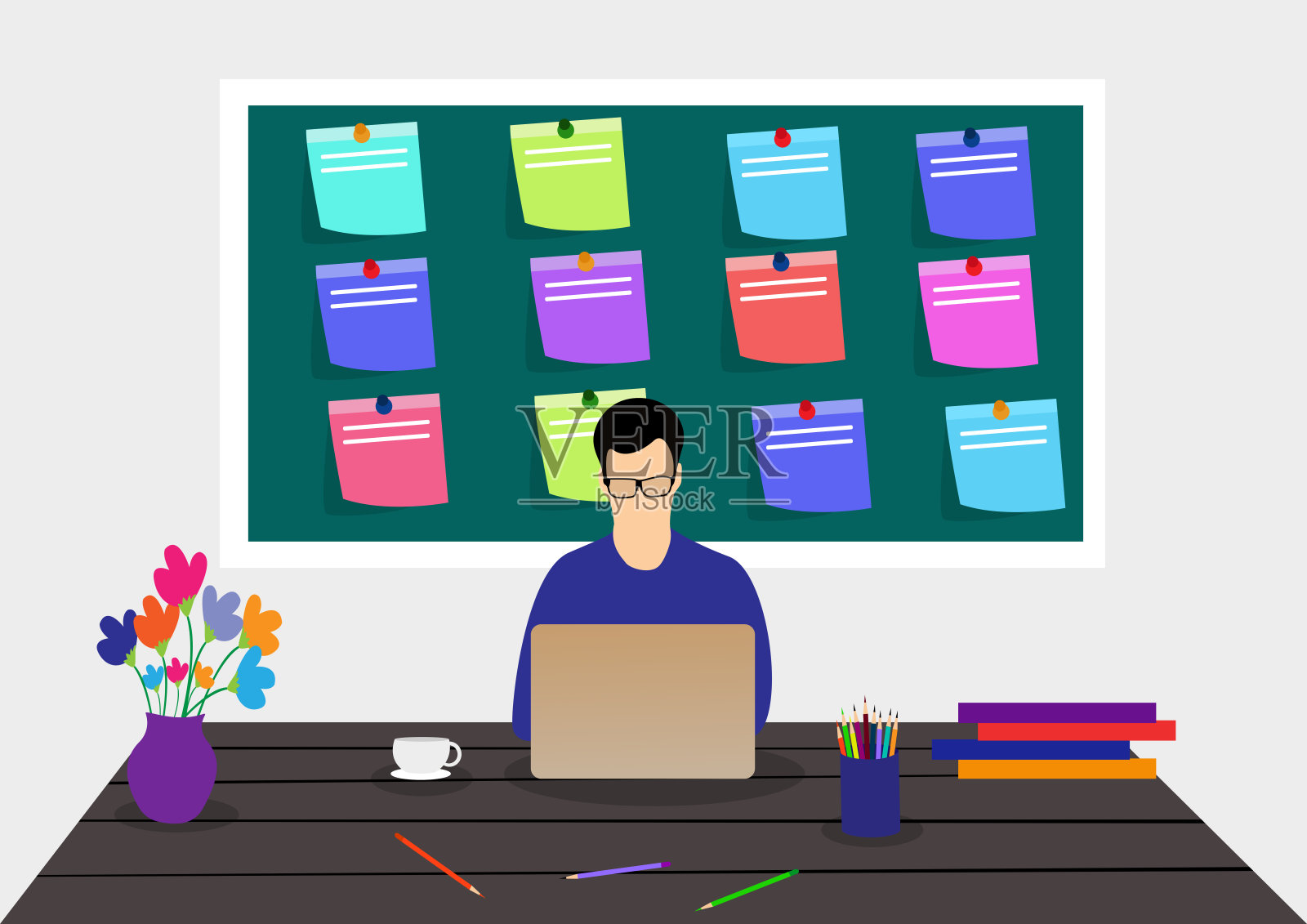 一个年轻人在办公室里小心翼翼地用笔记本电脑工作。插画图片素材