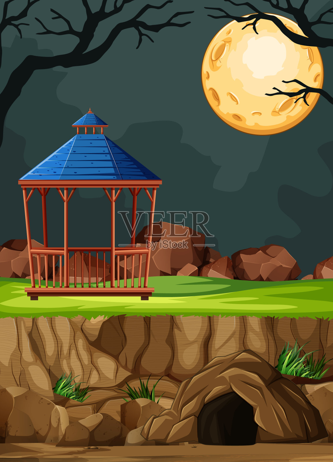 动物公园建设无动物在夜间背景卡通风格插画图片素材