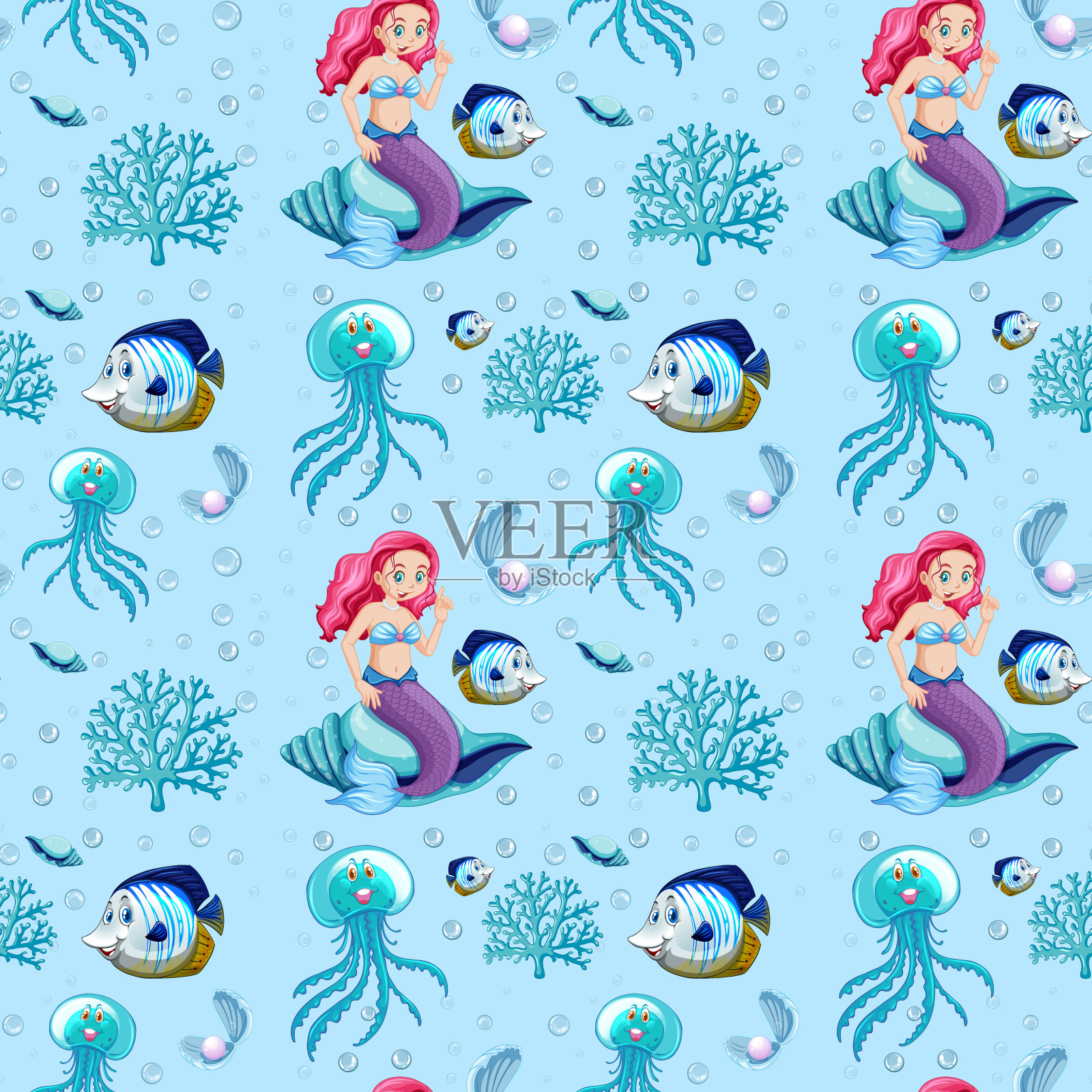 无缝的海洋动物和美人鱼卡通人物在蓝色的背景插画图片素材