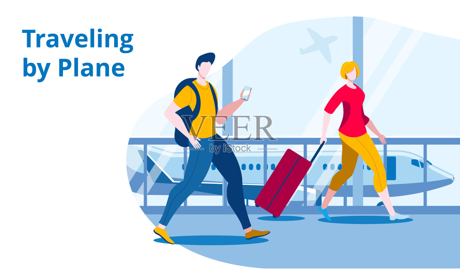 携带手提行李登上飞机的人。插画图片素材