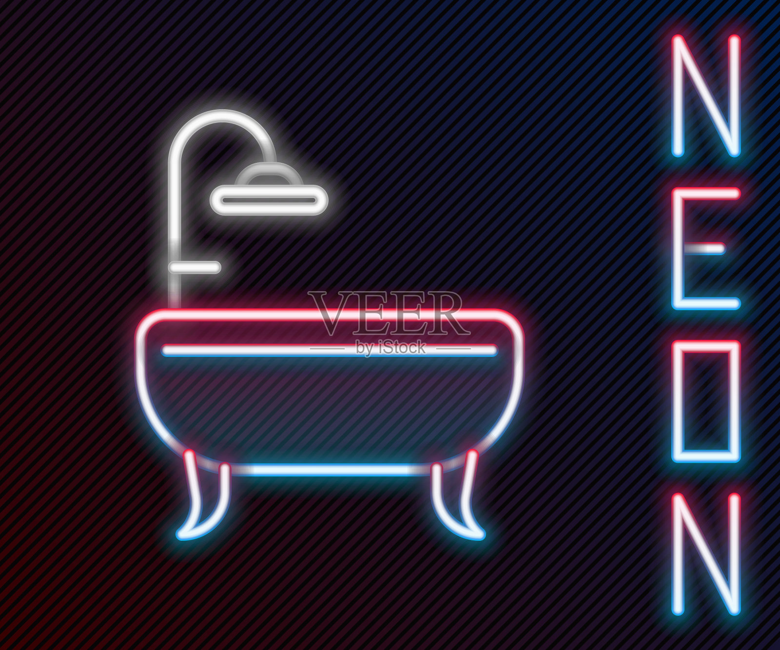 发光的霓虹灯线浴缸图标隔离在黑色背景上。彩色轮廓概念。矢量图插画图片素材