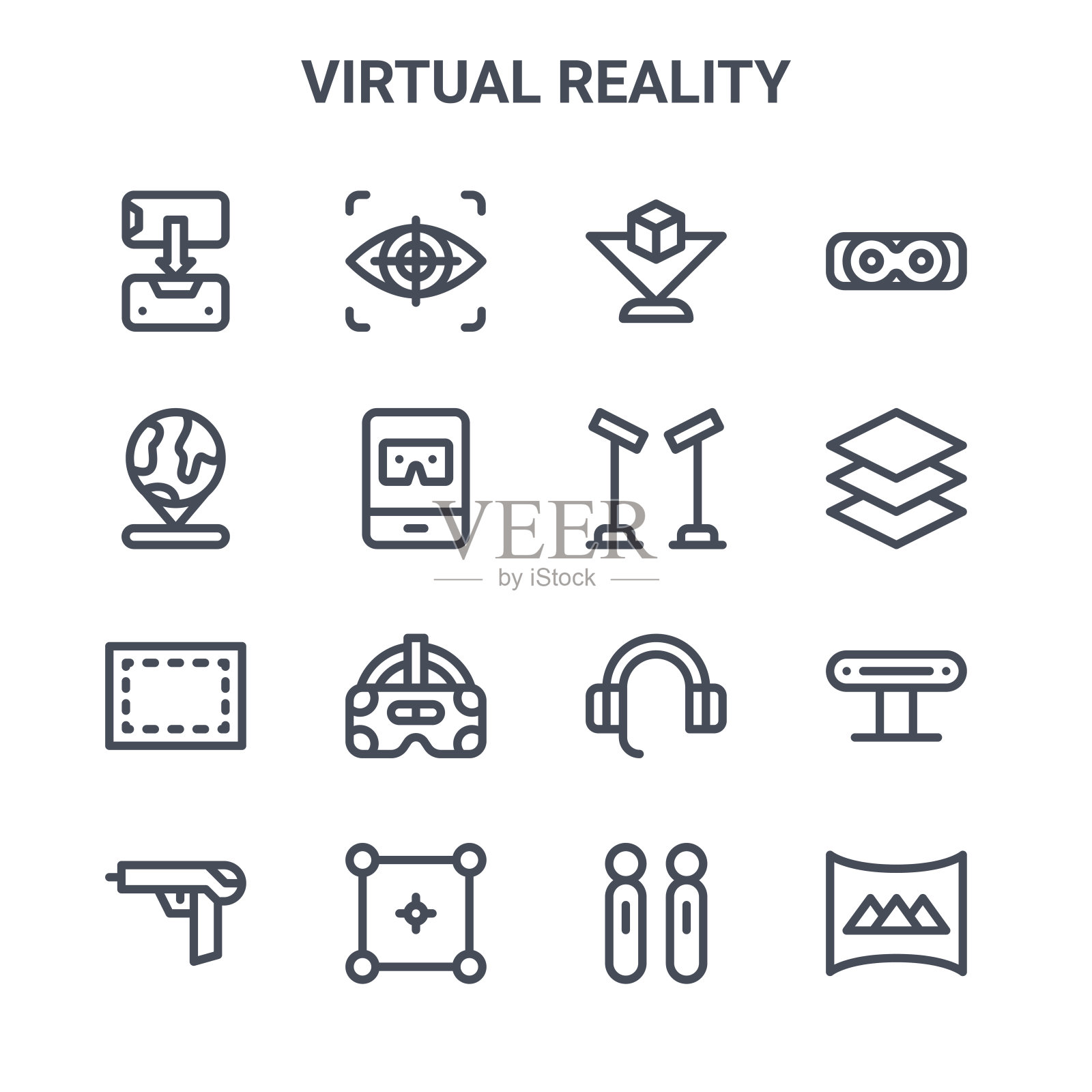 一组16虚拟现实概念向量线图标。64x64细描眼睛、全息图、d、耳机、选择器、虚拟、移动、传感器、vr眼镜等图标图标素材