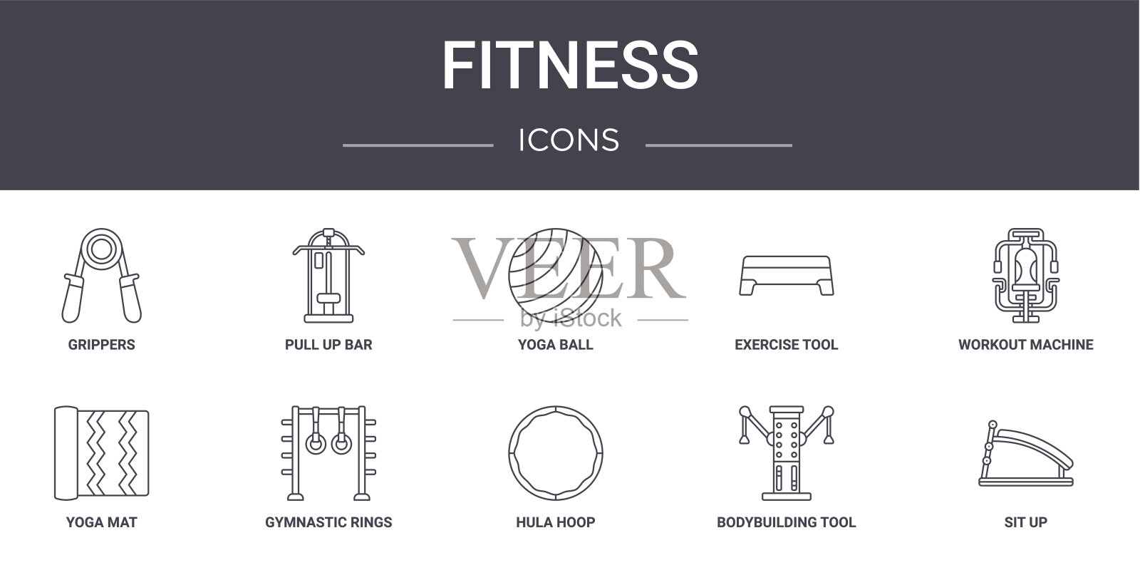 健身概念线图标集。包含可用于web, logo, ui/ux的图标,如拉杆,锻炼工具,瑜伽垫,呼啦圈,健身工具,坐起,健身机,瑜伽球图标素材