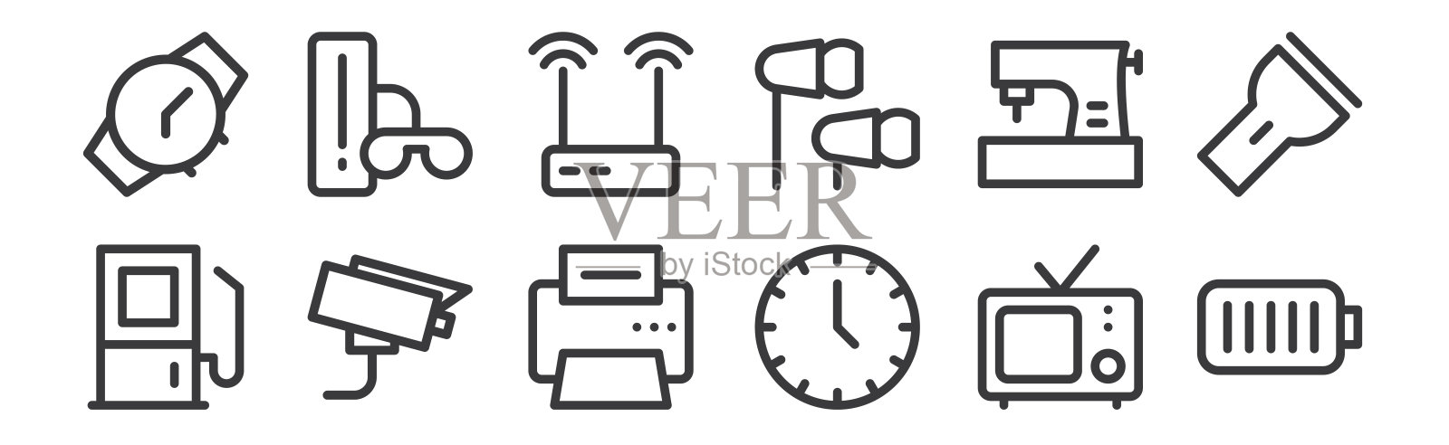 12套线性电子图标。如电池,时钟,闭路电视,缝纫机,无线路由器,网页游戏控制器,移动。图标素材