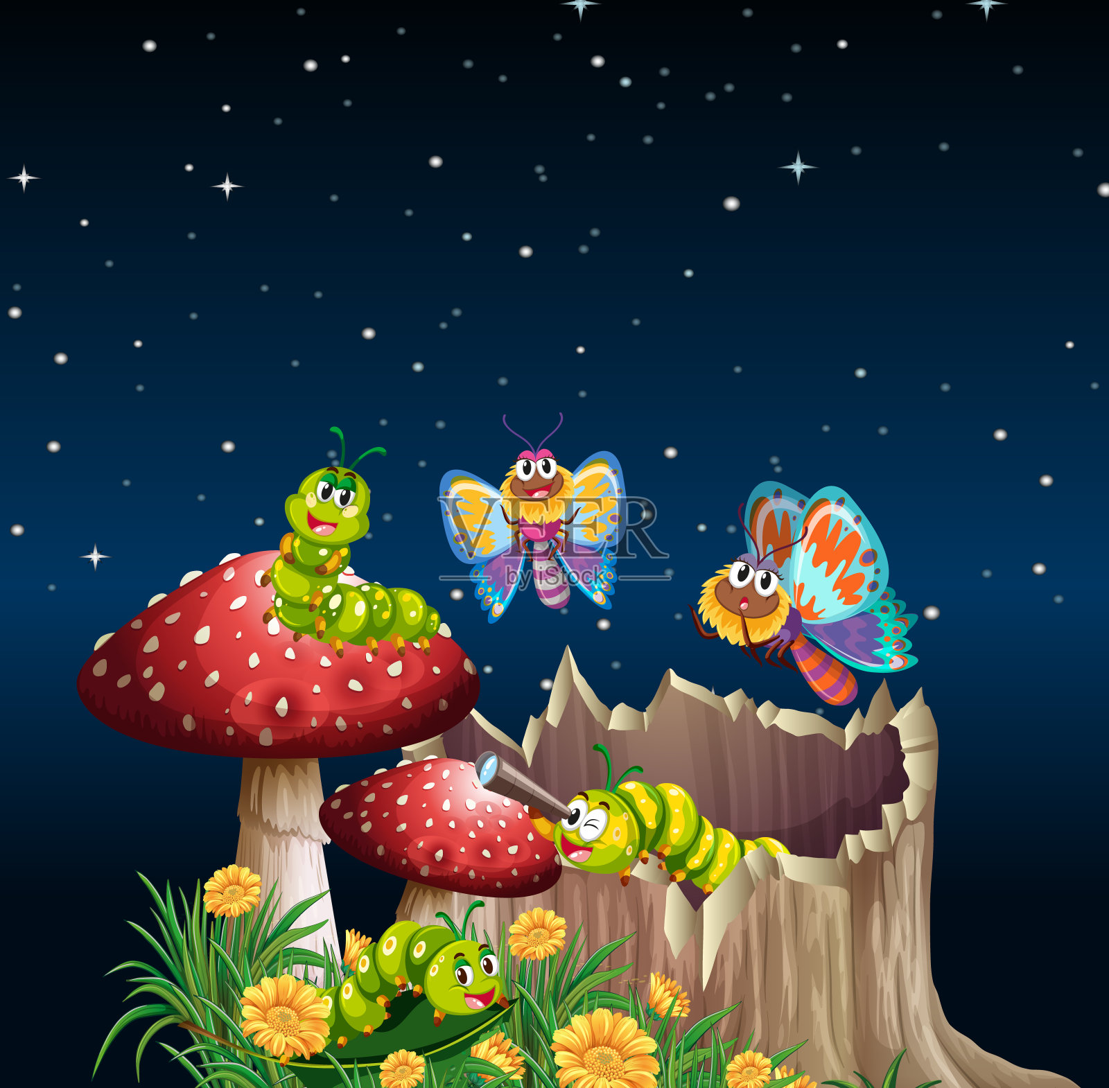 蝴蝶和虫子生活在花园里的夜晚景象插画图片素材