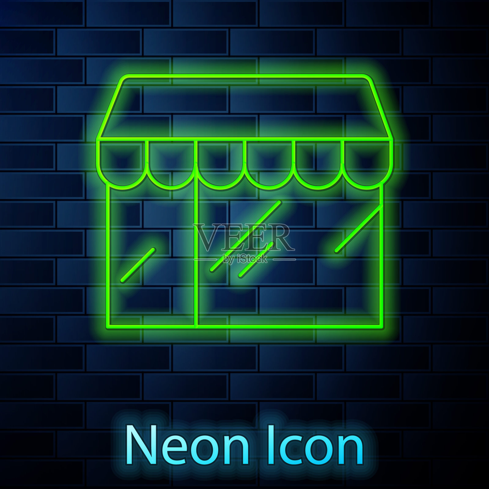 霓虹灯线购物大楼或市场商店的图标孤立在砖墙的背景。店建设。向量插画图片素材