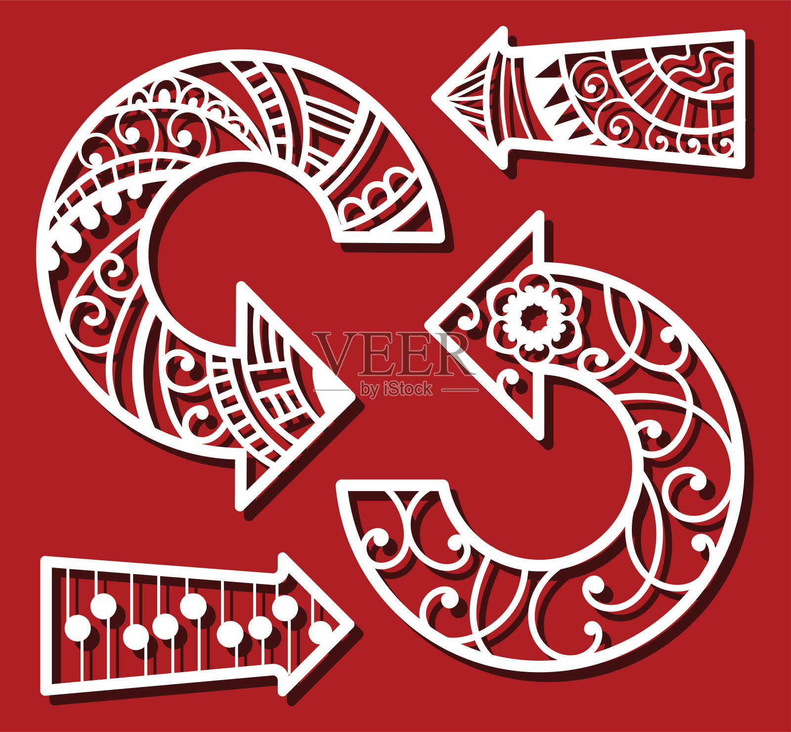 用于激光切割的圆形箭头。圣诞贺卡,新年贺卡。简单抽象的线条,曲线和其他简单的形状。的图标集。插画图片素材