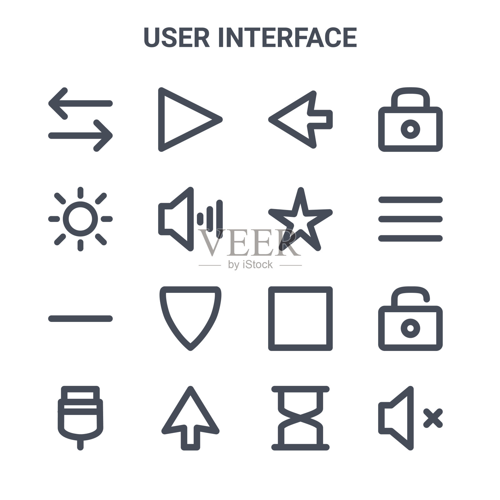 一组16个用户界面概念向量线图标。64 * 64细描图标如播放、亮度、菜单、停止、向上箭头、无声音、沙漏、星形、锁定图标素材