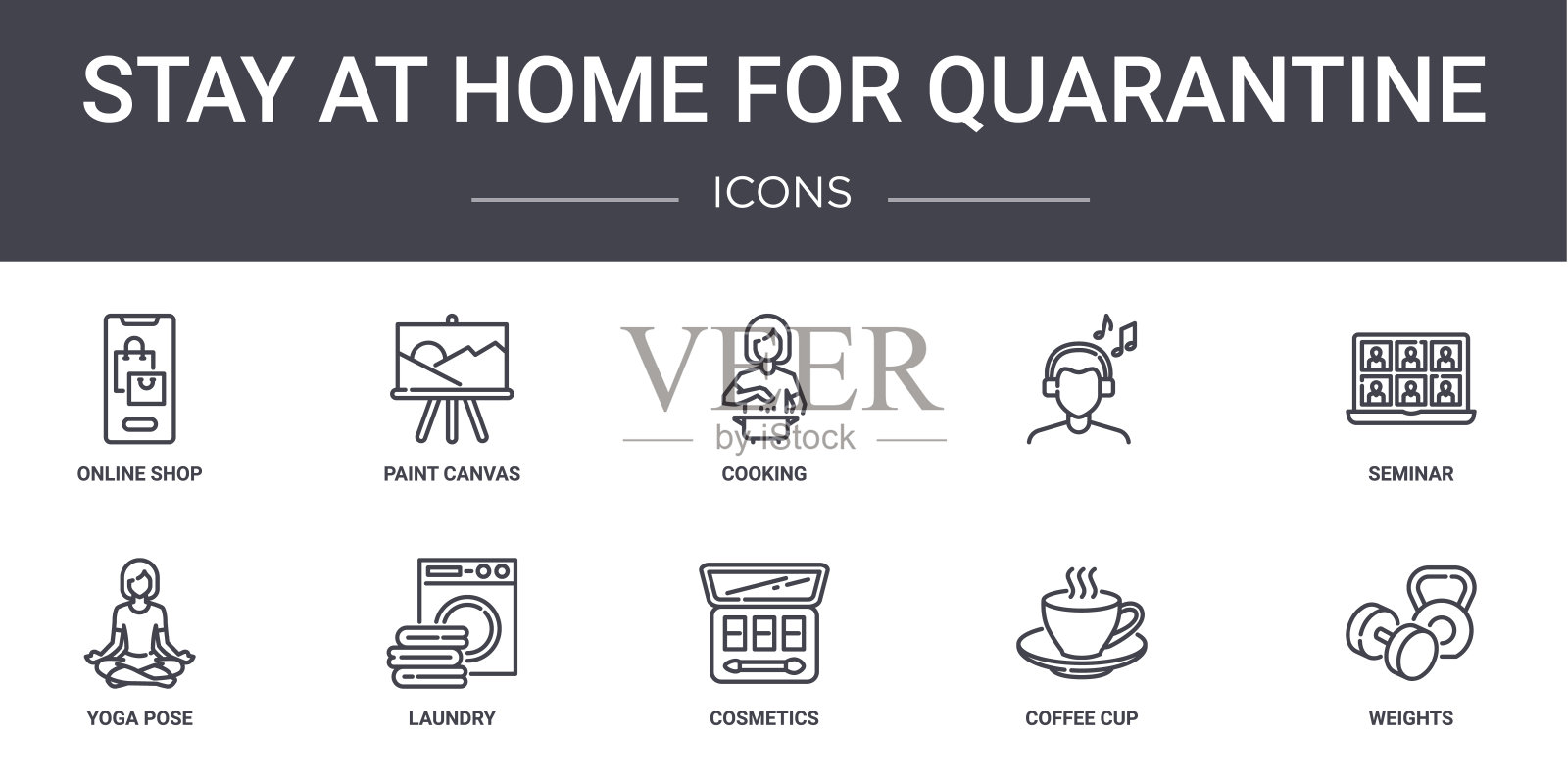 待在家里隔离概念线图标设置。包含图标可用的web,标志,ui/ux,如油漆画布,瑜伽姿势,化妆品,咖啡杯,重量,研讨会,烹饪图标素材