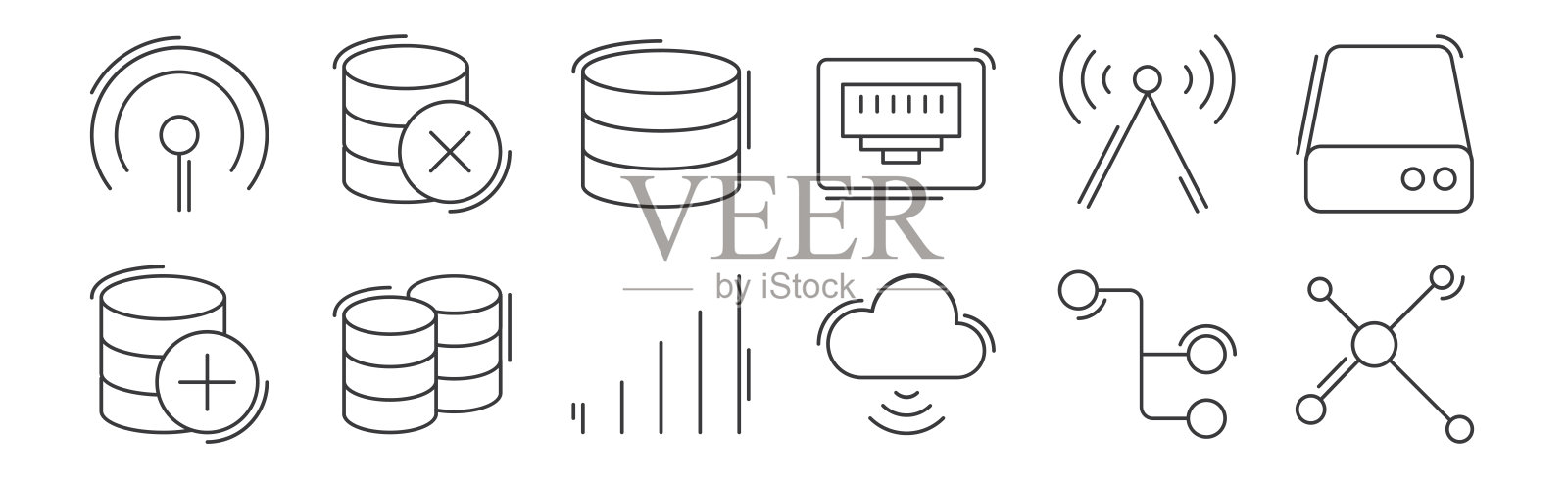 12组线性网络和数据库图标。瘦轮廓图标,如网络,云存储,数据库,数据库,数据库为web,移动。图标素材