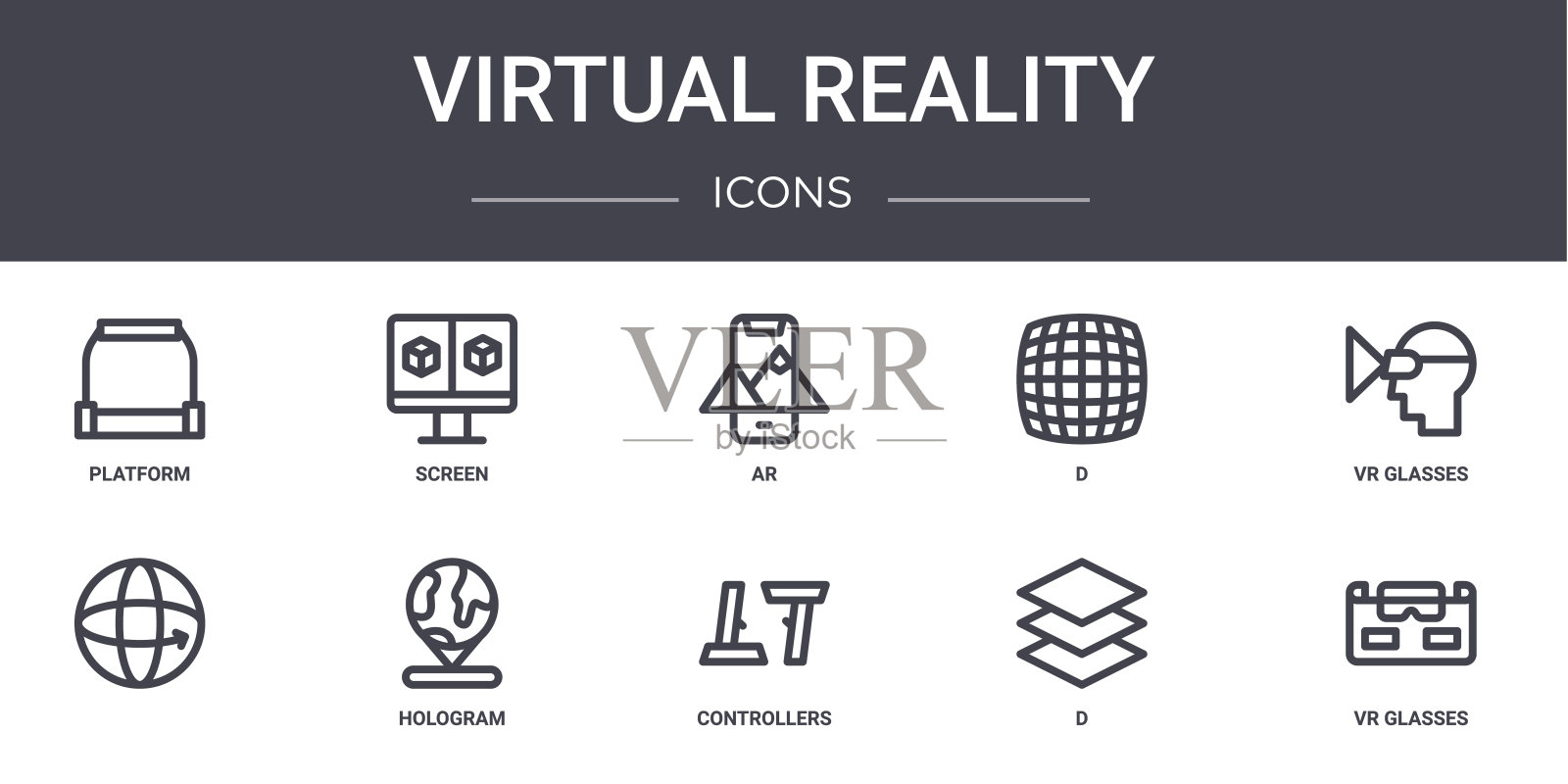 虚拟现实概念线图标集。包含可用于web, logo, ui/ux,如屏幕,d,控制器,d, vr眼镜,vr眼镜,ar的图标图标素材