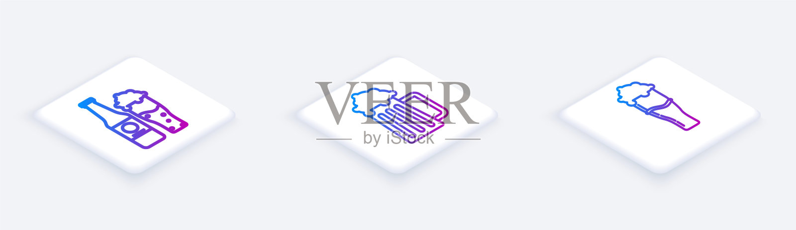 设置等距线啤酒瓶和玻璃杯,木制啤酒杯和啤酒杯。白色方形按钮。向量图标素材