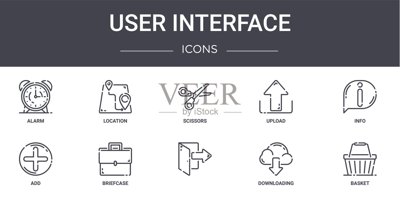 用户界面概念线图标集。包含图标,可用于web, logo, ui/ux,如位置,上传,添加,下载,篮子,信息,剪刀图标素材