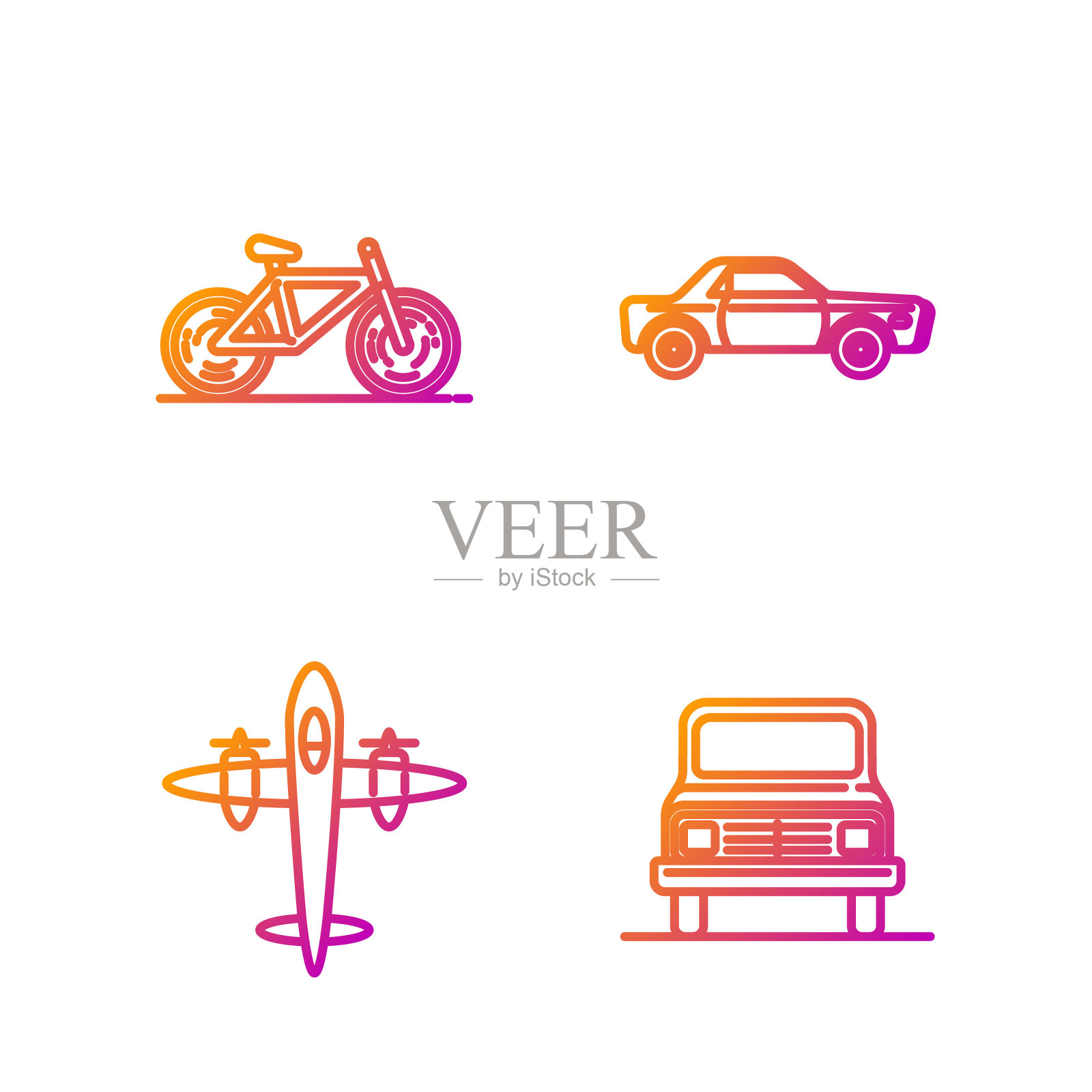 集汽车、复古飞机、自行车、轿车为一体。渐变颜色图标。向量插画图片素材