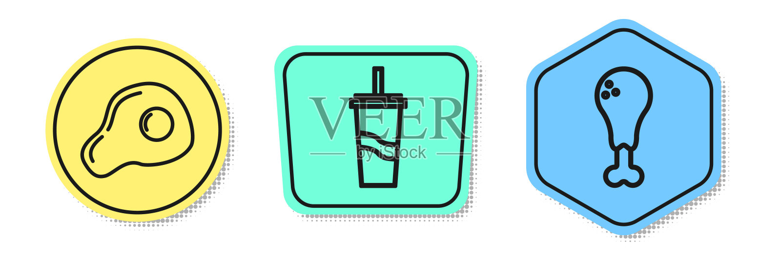 摆好炒鸡蛋、纸玻璃杯、吸管、水和鸡腿。颜色的形状。向量插画图片素材