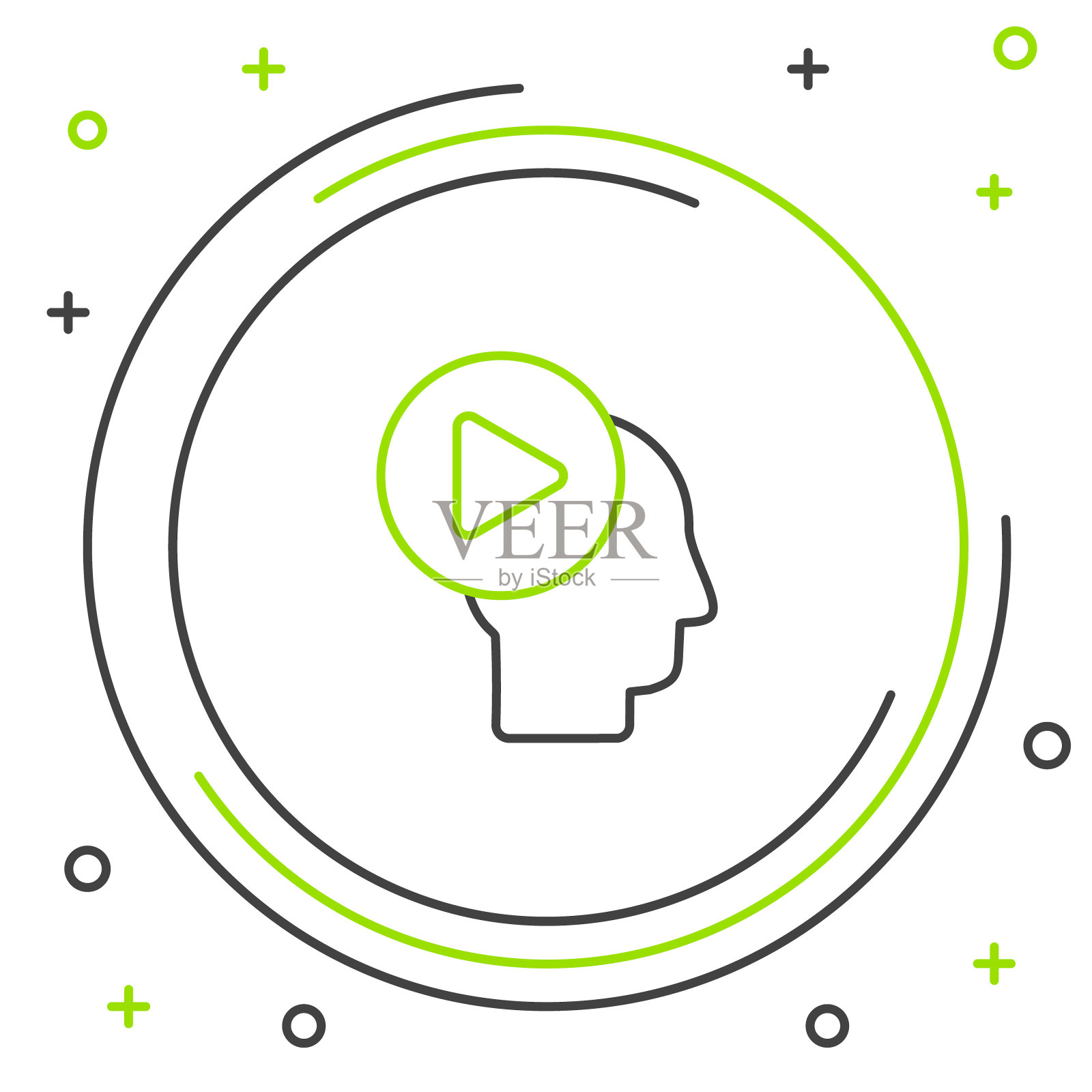 线头人与播放按钮图标隔离在白色背景。色彩斑斓的轮廓的概念。向量插画图片素材