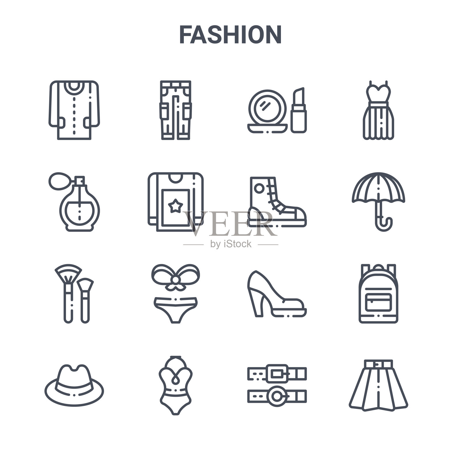一组16时尚概念向量线图标。如裤子,香水,雨伞,高跟鞋,泳衣,裙子,皮带,运动鞋,连衣裙等图标图标素材