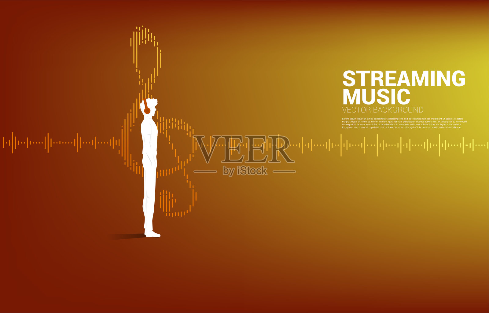 矢量剪影男子站在耳机和音乐音符均衡器波。插画图片素材