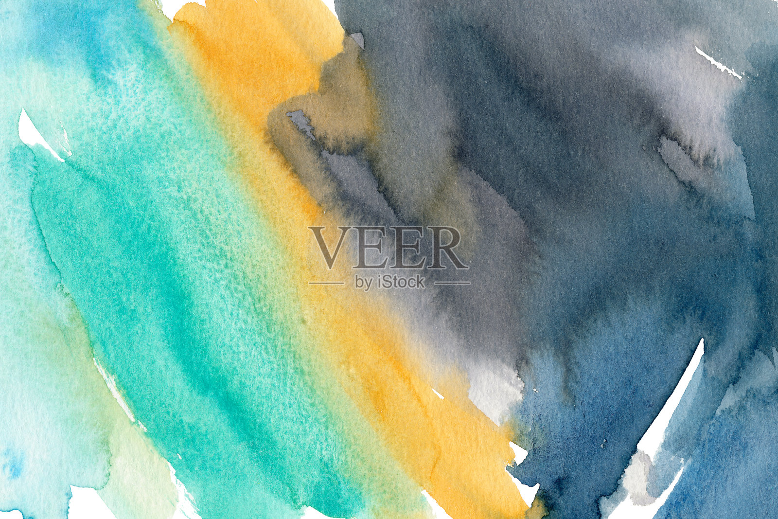 绿松石,橙色和蓝色手绘水彩画。现代靛蓝混合栅格插图。插画图片素材