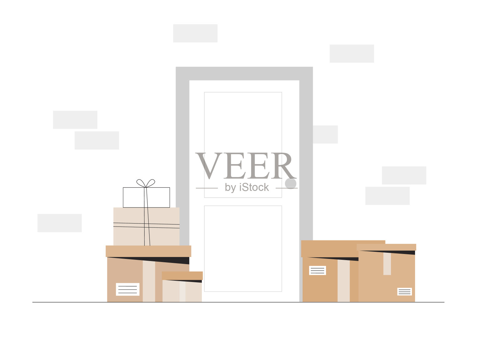 送货服务,快捷免费送货。快递员把快递箱放在了门口。平面风格矢量插图。插画图片素材