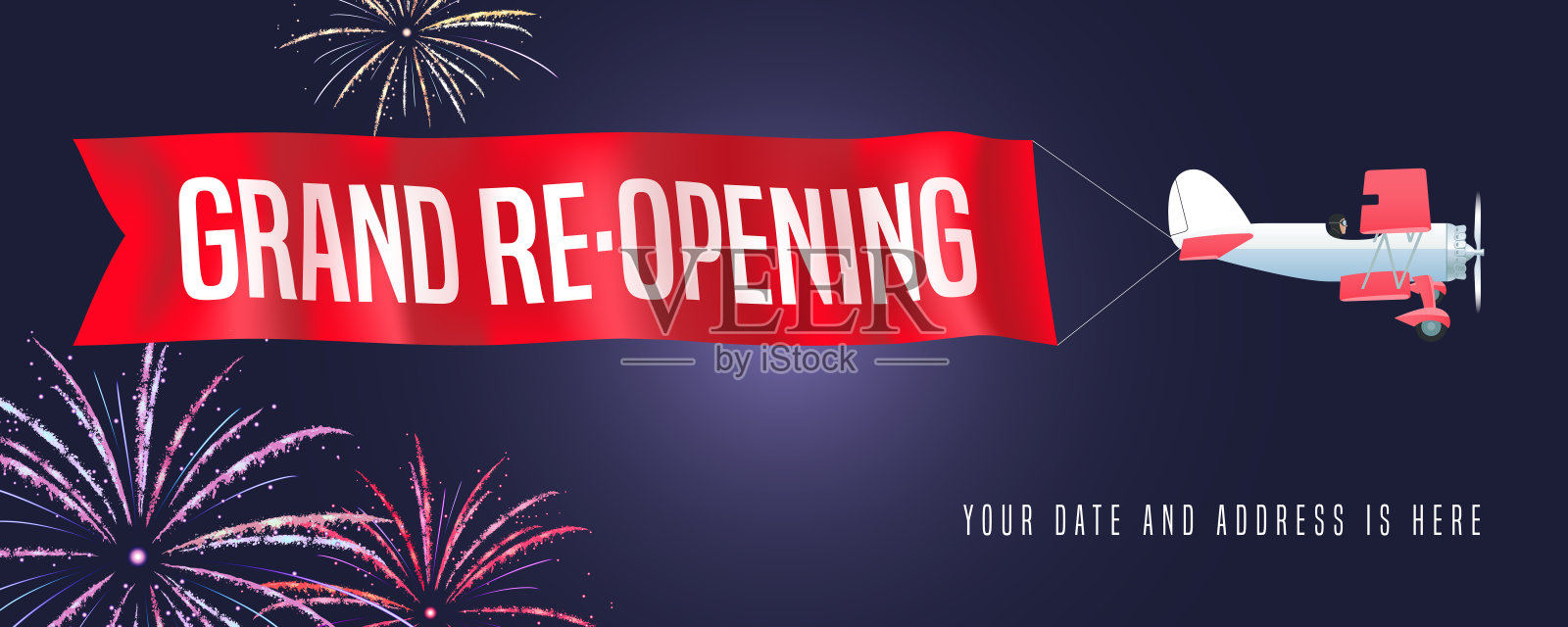 盛大开业或重新开业矢量插图,背景与复古飞机插画图片素材