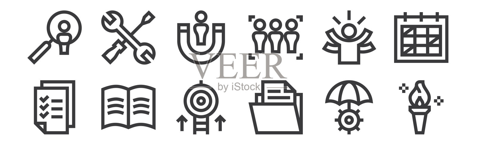 12组线性管理图标。薄轮廓图标,如火炬,文件夹,打开书,技能,磁铁,修复网页,移动。图标素材