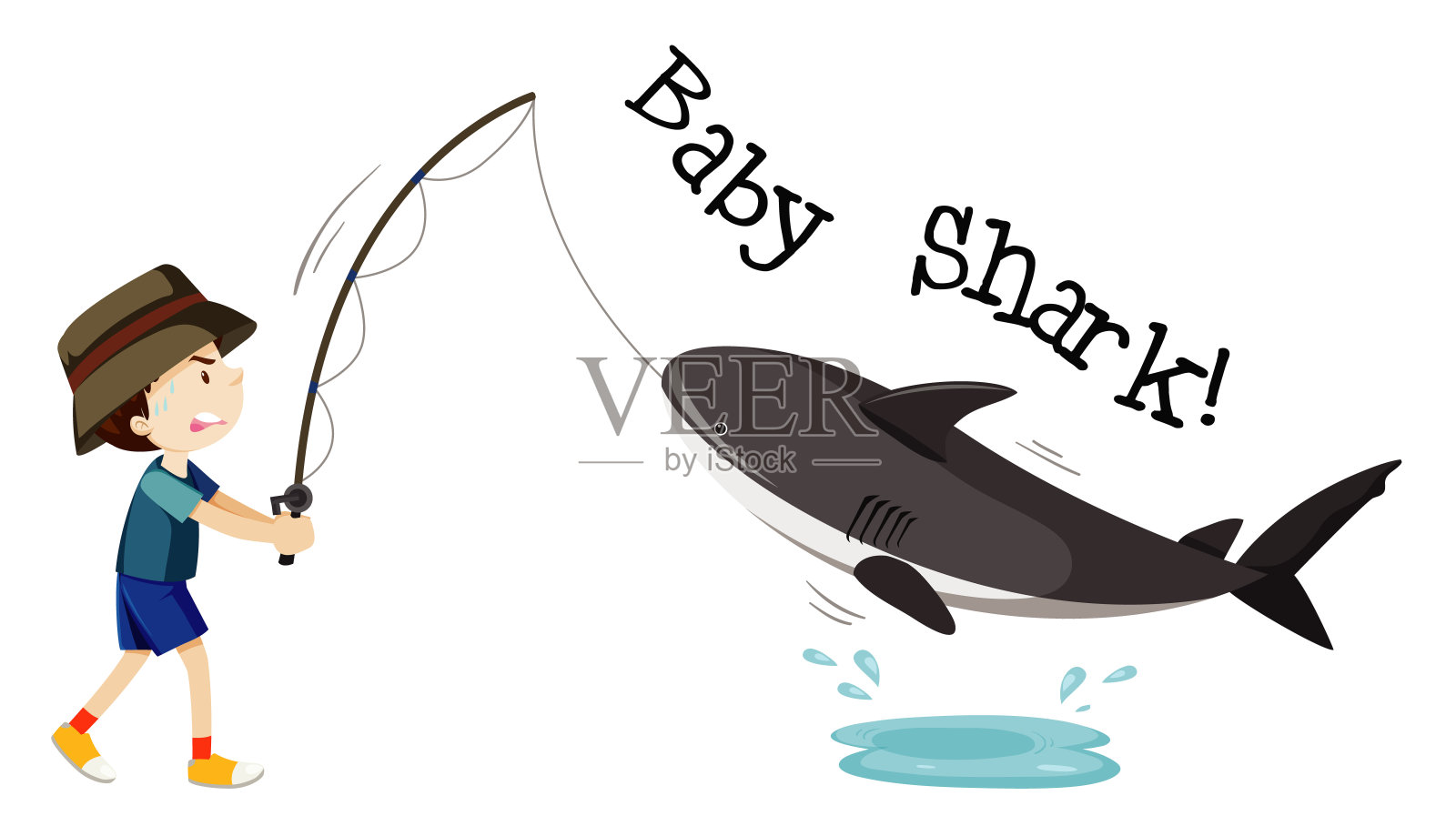 男孩钓鱼婴儿鲨鱼卡通人物与婴儿鲨鱼文字孤立在白色背景插画图片素材
