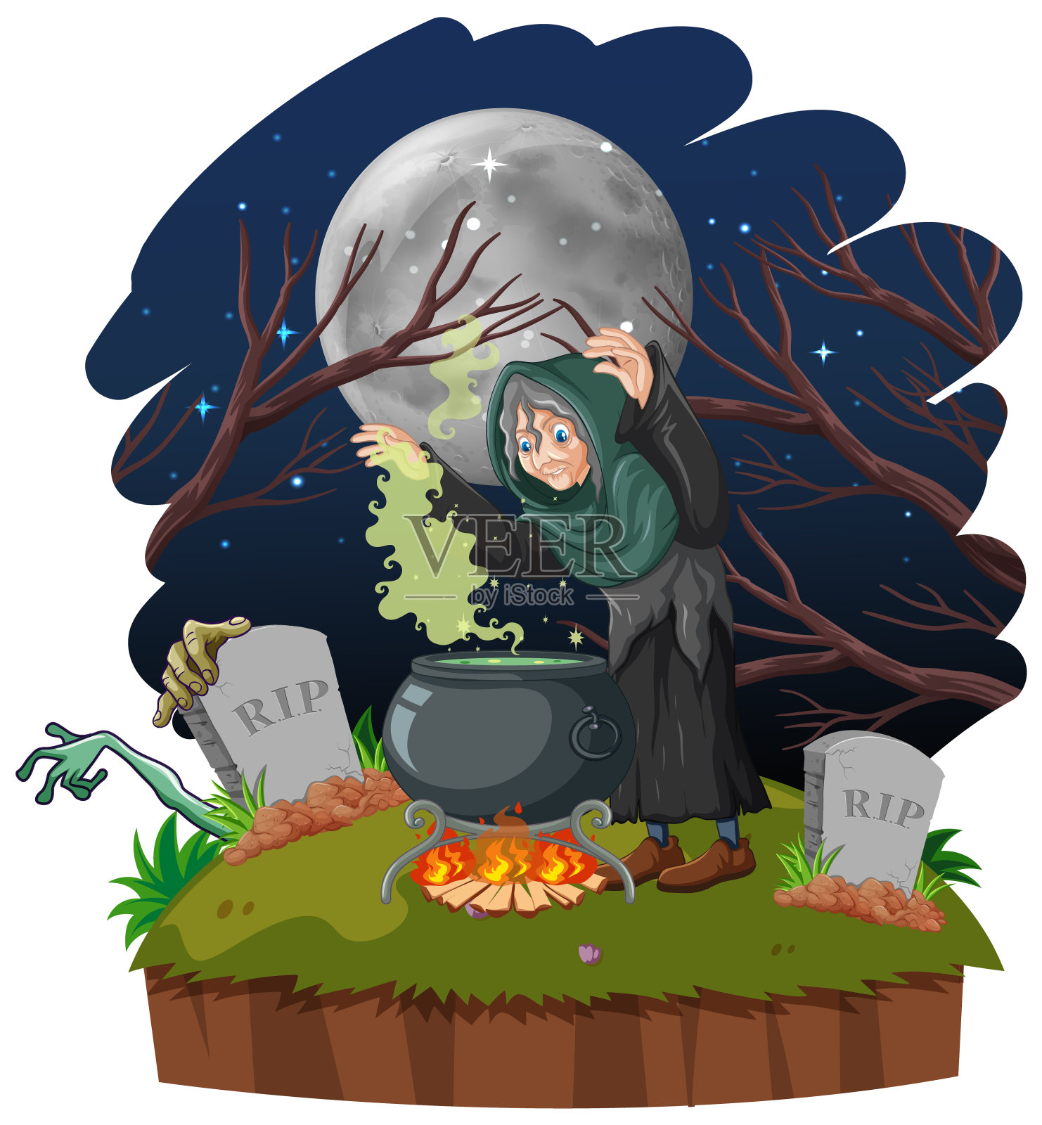 巫师或女巫与魔法壶和坟墓在黑暗的森林孤立的白色背景插画图片素材