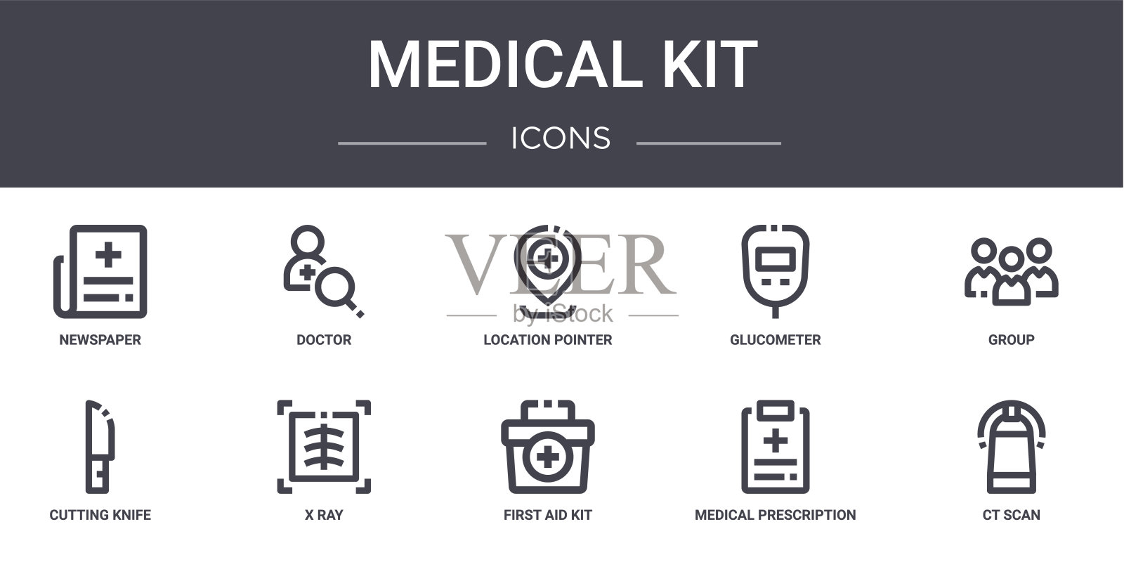 医疗包概念线图标集。包含图标,可用于web,徽标,ui/ux,如医生,血糖仪,切刀,急救箱,医疗处方,ct扫描,组,位置指针图标素材