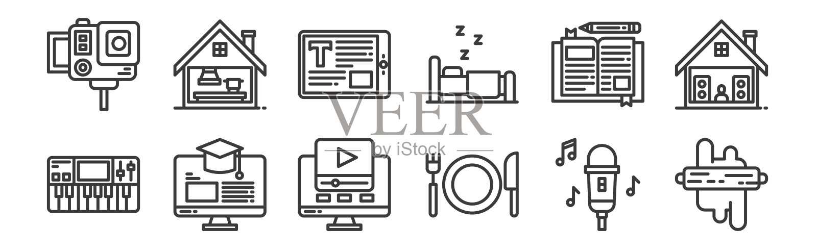 12套线性待在家里的图标。薄轮廓图标,如面包房,吃,e学习,日记,电子书,烹饪网络,移动。图标素材