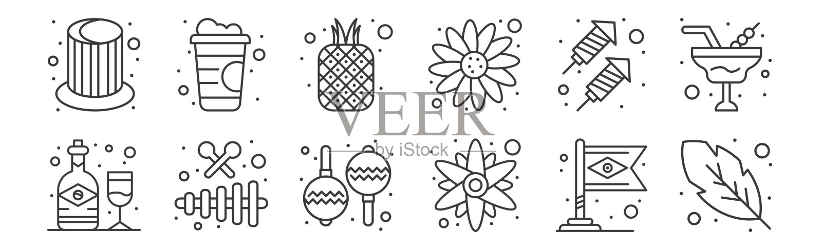 12套线性巴西狂欢节图标。细轮廓图标,如羽毛,向日葵,木琴,火箭,菠萝,软饮料的网络,移动。插画图片素材