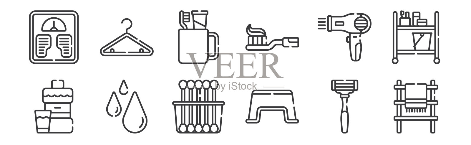 12套线性浴室图标。薄轮廓图标,如毛巾,凳子,水,吹风机,牙刷,衣架的网页,移动。图标素材