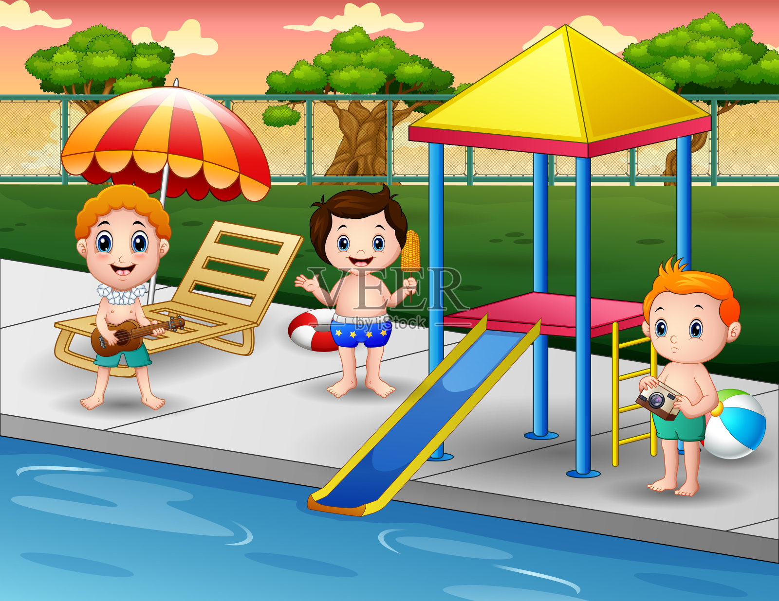 孩子们在室外游泳池里玩耍插画图片素材