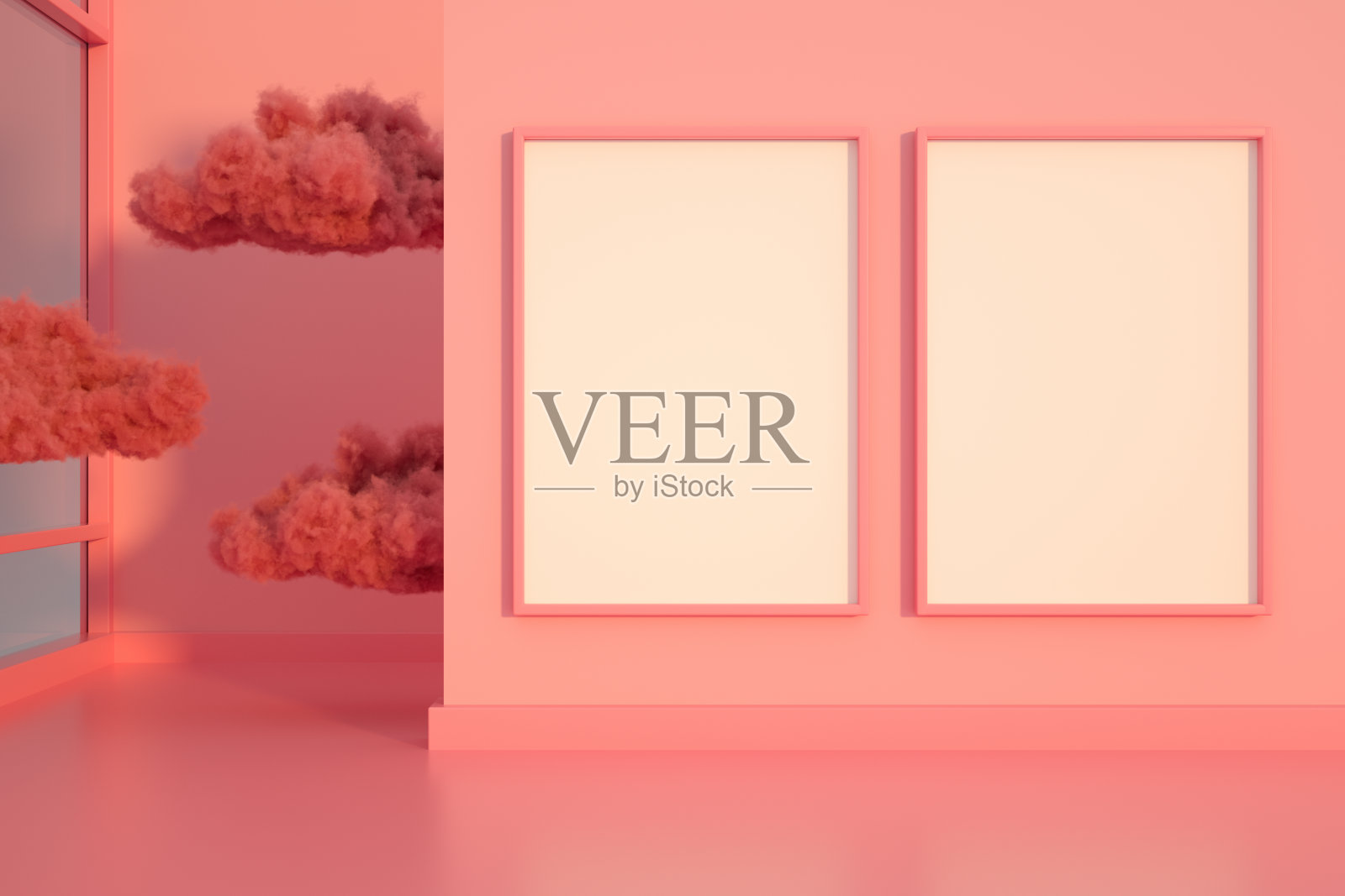 3D空框架在客厅与阳光和云照片摄影图片