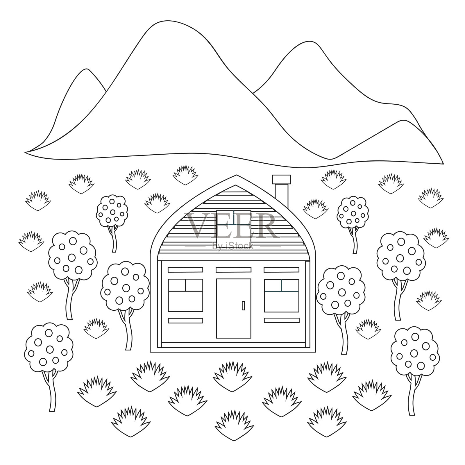 矢量插图的房子在一个花园在黑色和白色。背景着色。山,草地,风景。插画图片素材