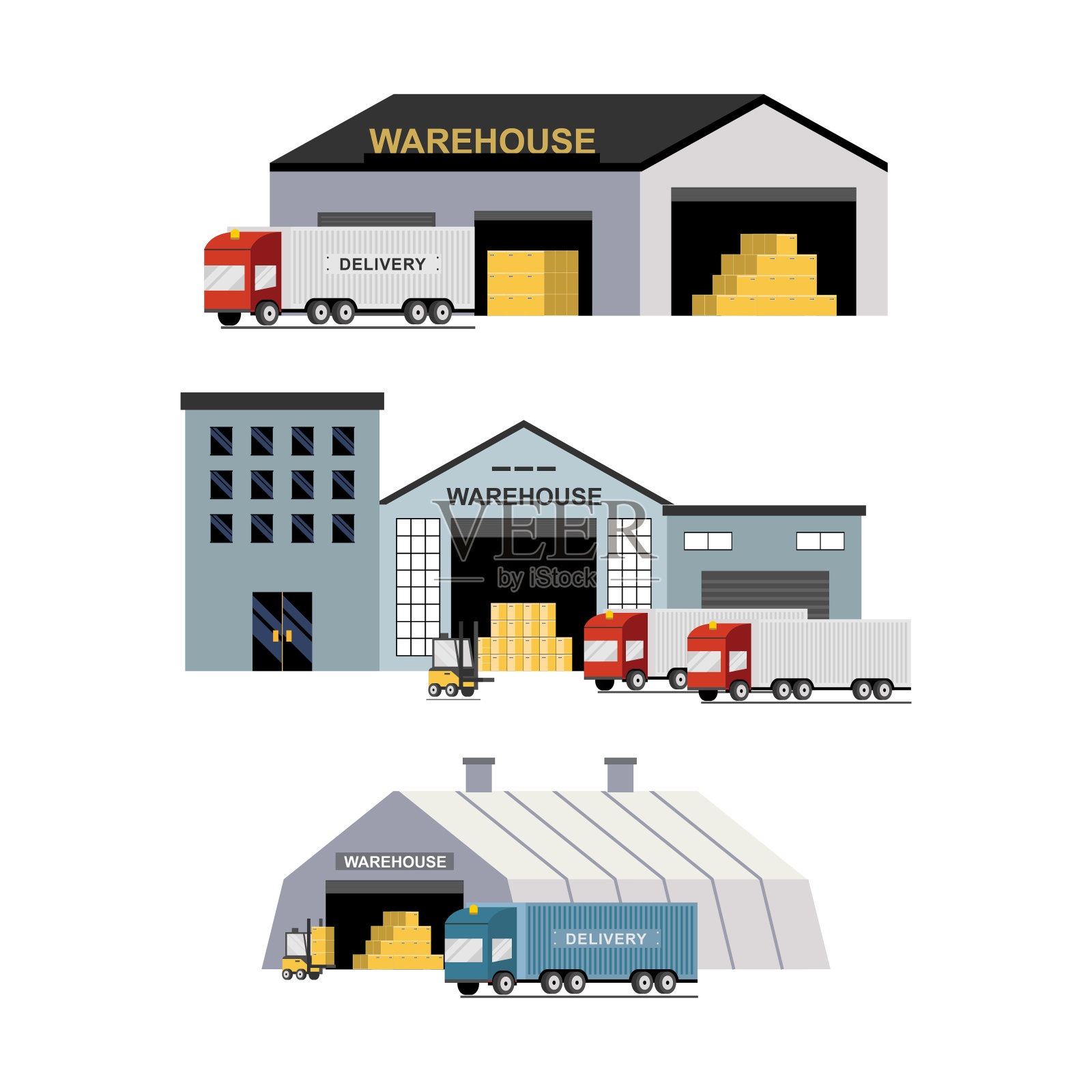 物流、仓库、叉车的交付和运输。一套以物流、仓储、货运、货物运输为主题的平面矢量网络横幅。物流中心的概念插画图片素材