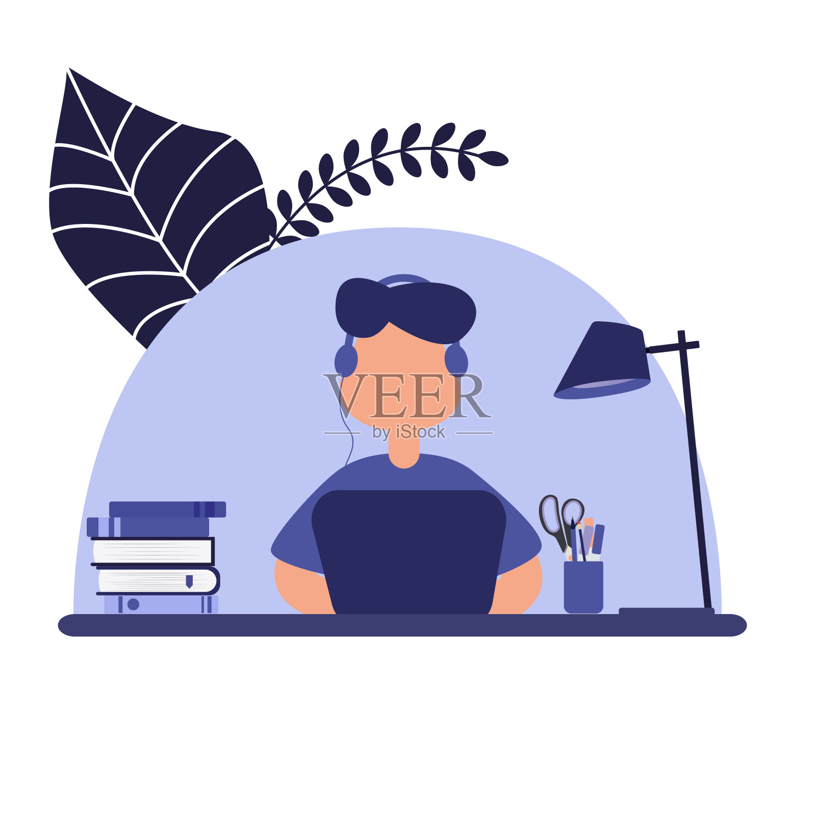 一个男人拿着笔记本电脑坐在桌子旁工作插画图片素材