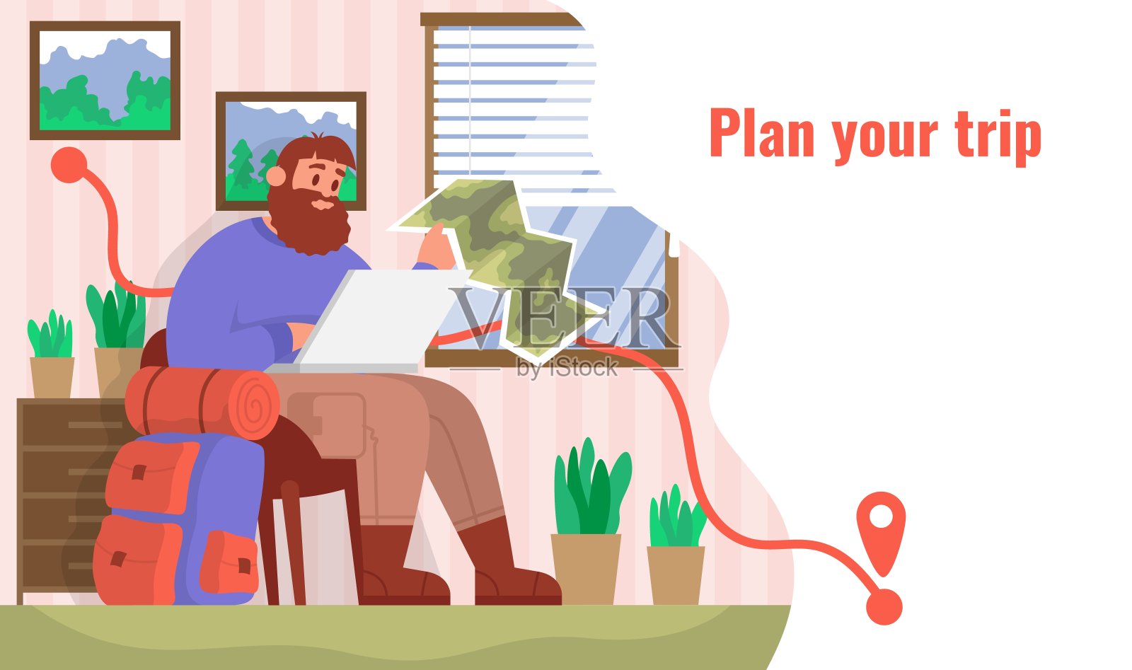 旅行者坐在家里计划他的旅行。卡通矢量插图。插画图片素材