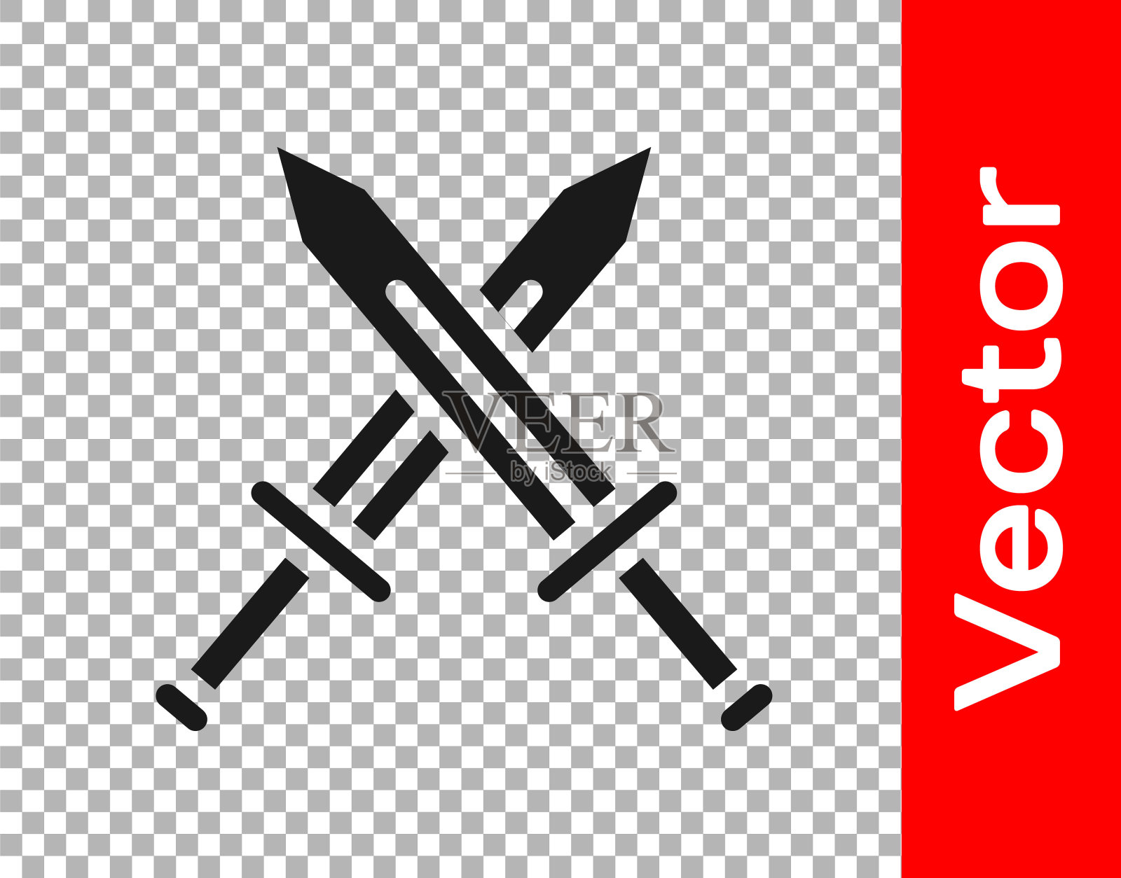 黑色交叉中世纪剑图标孤立在透明的背景。中世纪的武器。向量插画图片素材