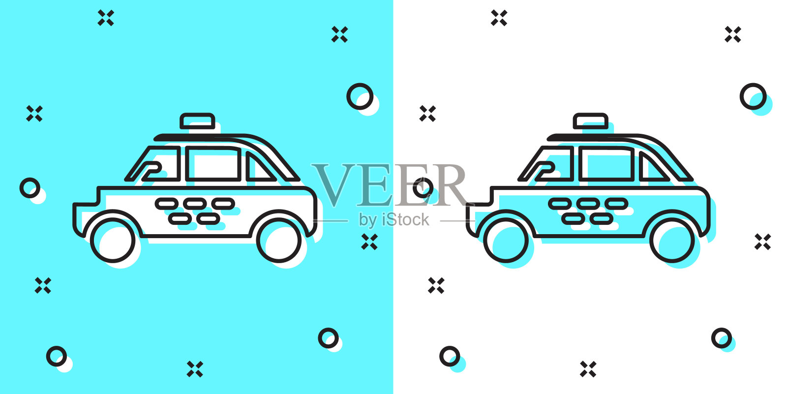 黑线出租车图标隔离在绿色和白色的背景。随机动态形状。向量插画图片素材