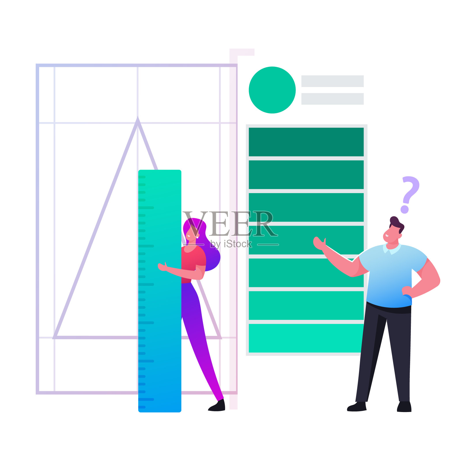 客户命令平面设计师创建公司标志类型。创意工作室工作流程。微小的女性人物绘画三角形几何形状的标志符号。卡通人物矢量插图插画图片素材