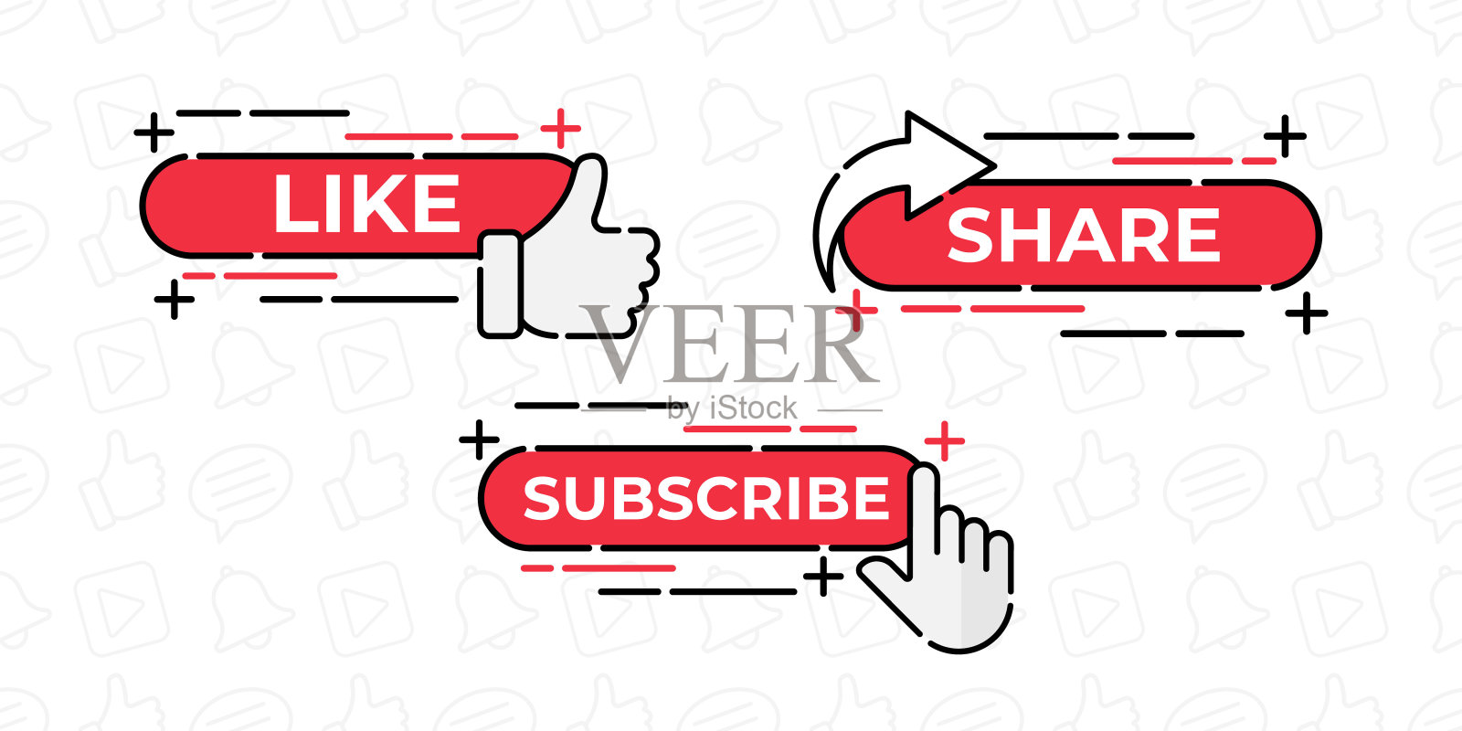 喜欢,分享,评论,订阅和分享图标按钮矢量插图。社交媒体按钮或图标矢量插图设计模板视频频道,博客和背景横幅概念图标素材