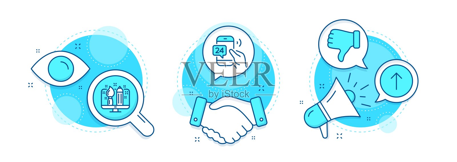 不喜欢的手,向上滑动和24小时服务图标设置。创意设计的迹象。向量插画图片素材